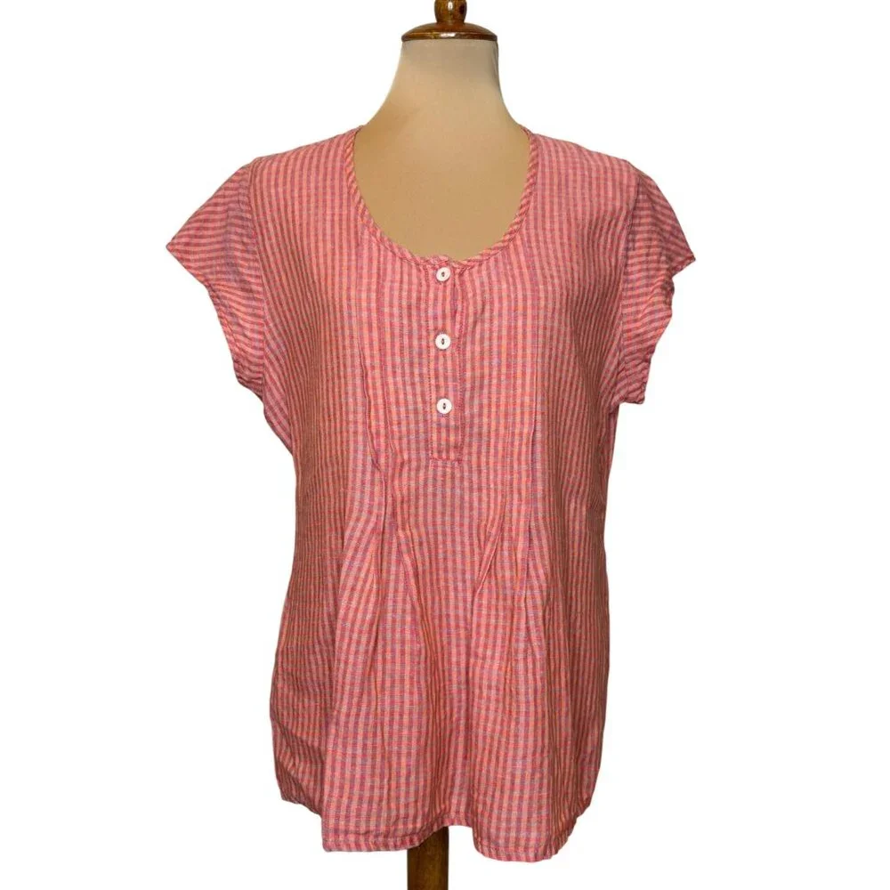 Flax Medium Pink & Orange Gingham Short Sleeve Pintuck Linen Blouse - Picture 1 of 6